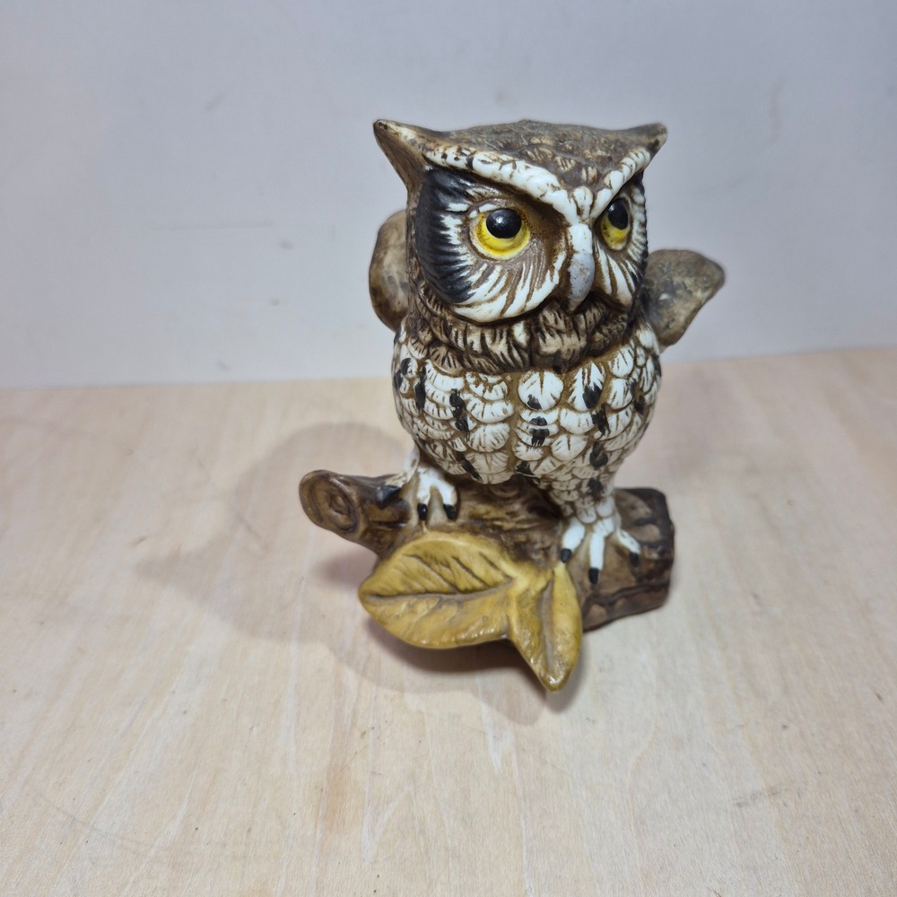 Vintage Arnart Ceramic Owl Figurine on Branch Wings Out Brown White 1114 5 Inch